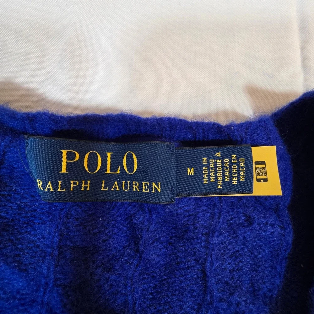 Polo Ralph Lauren Wool Cashmere Cable Knit Sweater Royal Blue Green Pony Mens M